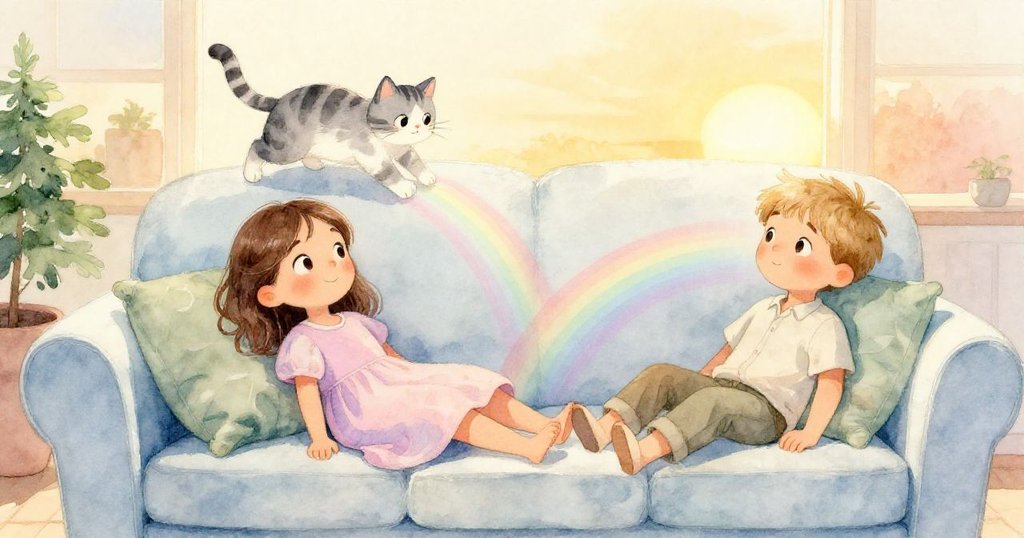夕陽餘暉中，Fern與Soren滿意放鬆，家貓在沙發上嬉戲，柔和彩虹輕拂室內，營造出溫暖結局。