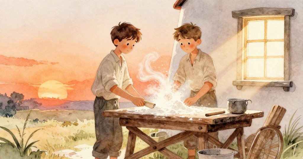 Corbin在古老磨坊忙碌佇立，輕柔麥粉塵飛舞，桌上與秤砣映出溫暖夕陽光澤，表情平靜關注工作。