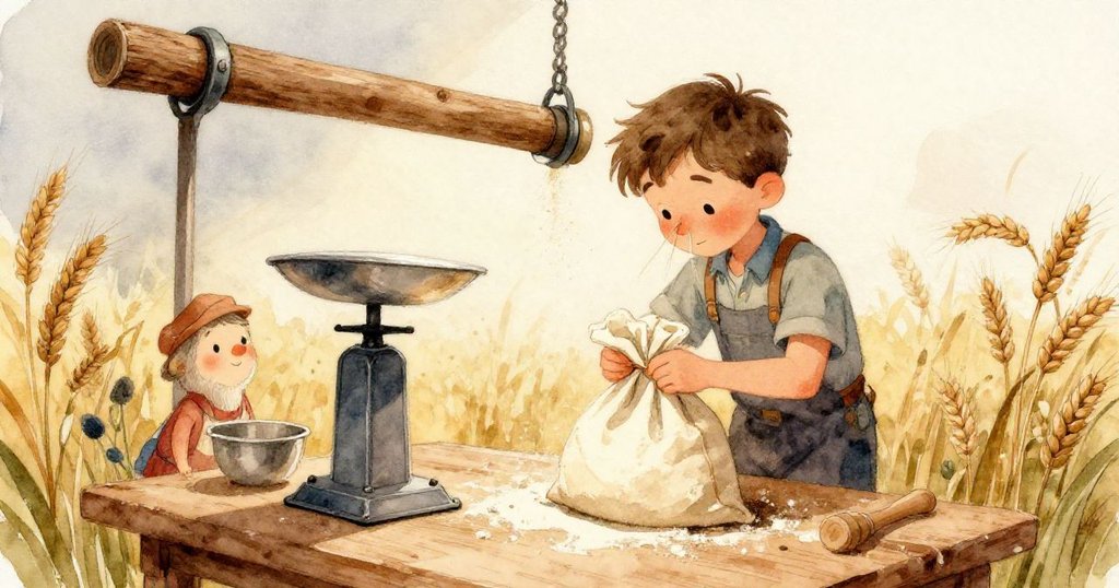 Corbin的雙手正細緻綁著新麵粉袋，桌面散佈麥粉，溫暖光影映出專注與動作。