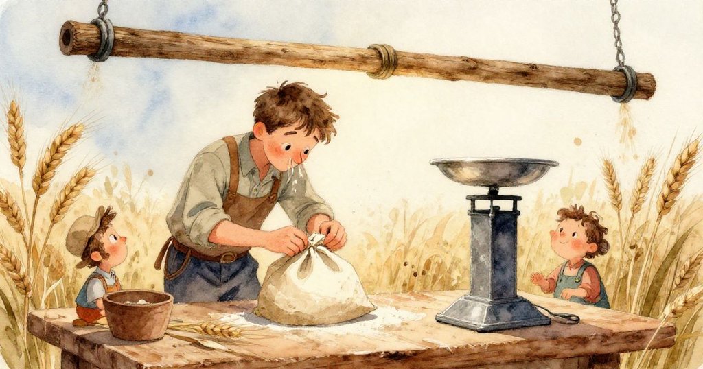 在磨坊內，機械傾斜呈超現實角度，黃銅砝碼帶動易傾的油罐，麵粉如霜輕柔流動呈奇特光景。