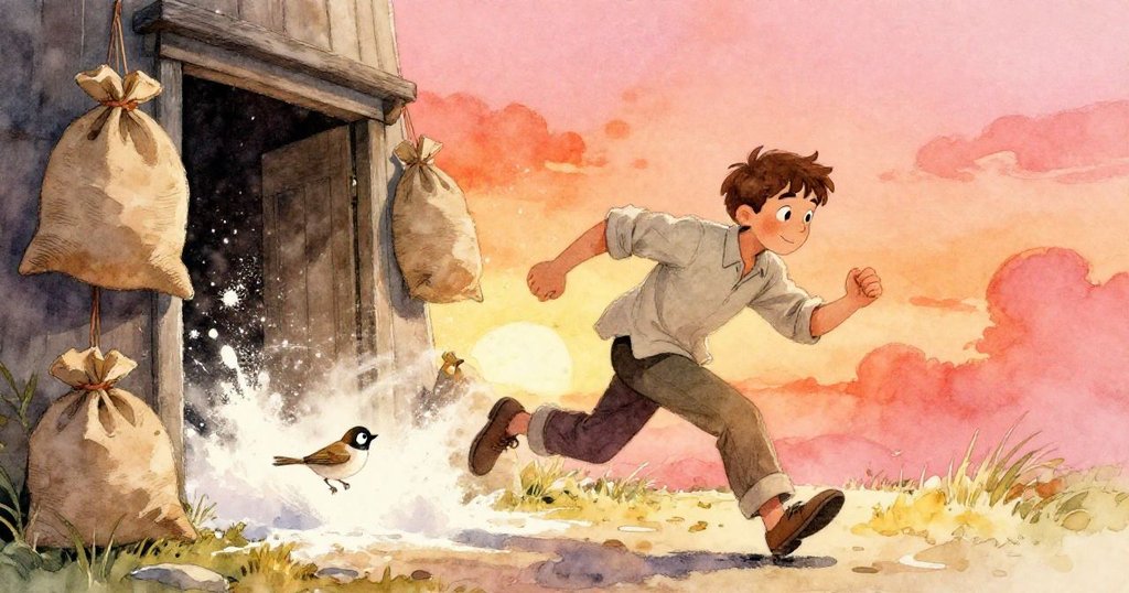 Corbin奔跑追逐一隻小麻雀，飛舞翅膀間麵粉火花閃現，門口掛袋與空氣中舞動出活力。