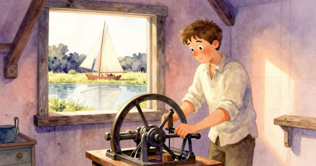 Corbin平靜重整機器，修復秤砣與布槽，窗外寬帆與遠池映照柔和黃光，呈現結局溫馨寧靜。