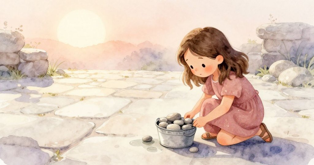 霍莉在晨曦中蹲於庭院,輕撫河卵石,背景呈現柔和旗石與蒼白水漬,她滿懷好奇與寧靜情感。