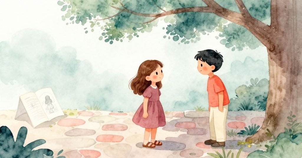 贊德拿著速寫本走向霍莉,眉頭上揚好奇凝望庭院中明暗交錯的旗石,他們彼此互動,心情溫柔。