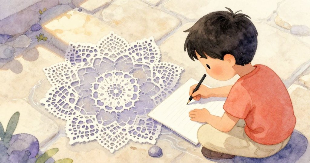 贊德坐在旗石上俯視速寫本,專注描繪蒸發邊緣的細緻礦物紋路,神情專注與靜謐。