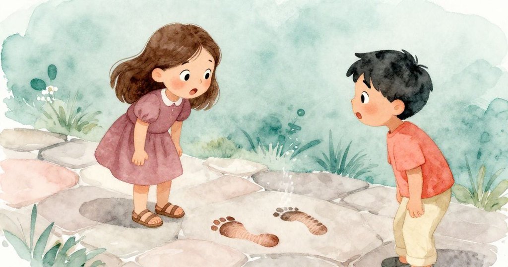 霍莉與贊德驚訝凝視旗石上突現的腳印,細緻礦紋中的破碎美景令雙眸泛起驚奇與好奇。