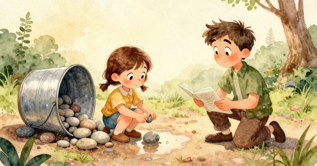 傍晚空旷庭院中,旗石上留有淡礦紋與孤單腳印,燈光柔和,隨風飄落的樹葉訴說寧靜故事。