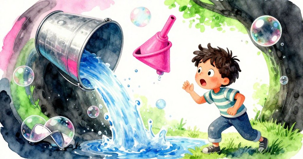 格倫面露驚訝，桶子傾斜溢出水流，以扭曲視角表現意外的動感，情節進入緊張發展