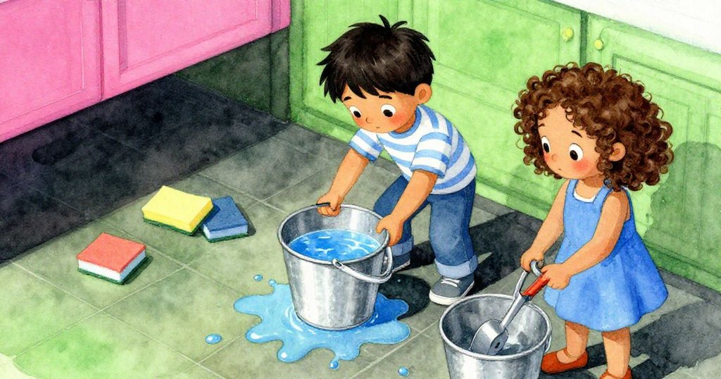 從上方俯瞰場景，雅拉調整水桶，格倫協助穩定，水花與海綿散落呈現井然有序的動態佈局，情節漸入高潮