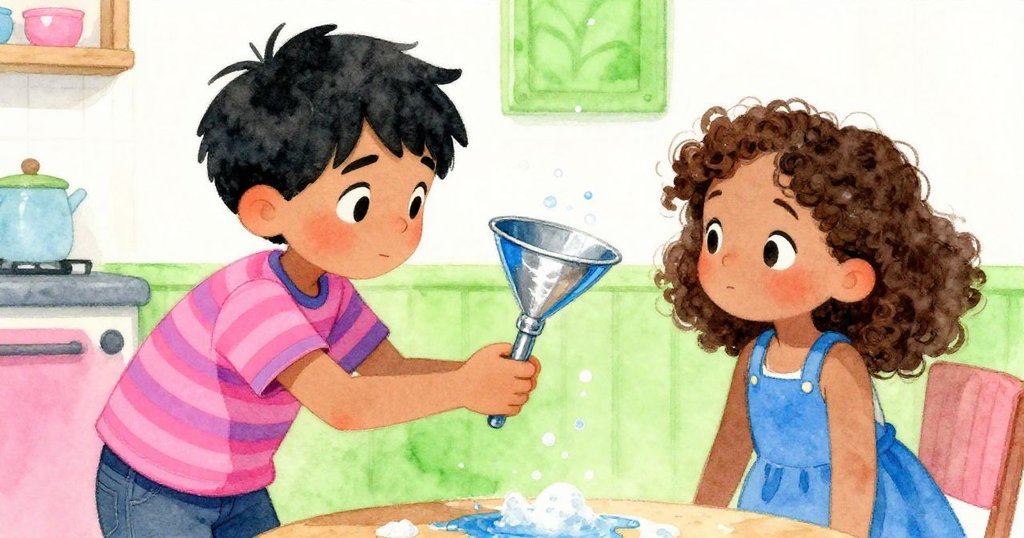 格倫將自製漏斗遞給雅拉，雙手交接中流露合作喜悅與溫馨，故事完美收尾