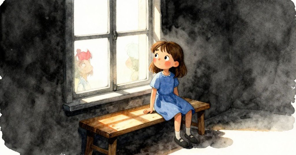 Holly坐在木椅上，手持素描本，在珊瑚窗前，光影交錯中展現反射，表情專注，氛圍溫暖而靜謐。