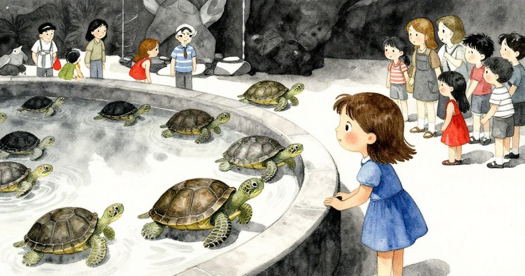 Holly在熱鬧的飼龜欄前觀察眾人，與空椅形成對比，學童們穿梭其中，她神情專注準備記錄動態。