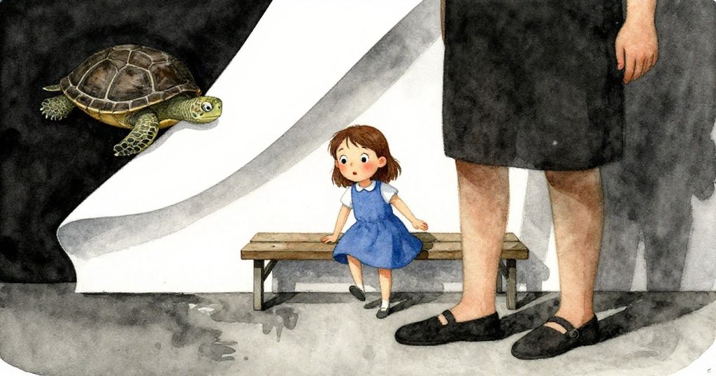 Holly小心地從木椅上跳下，地面微濕，背景中高個大人遮擋視線，烏龜隱於眾人之中，她神情略帶期待。