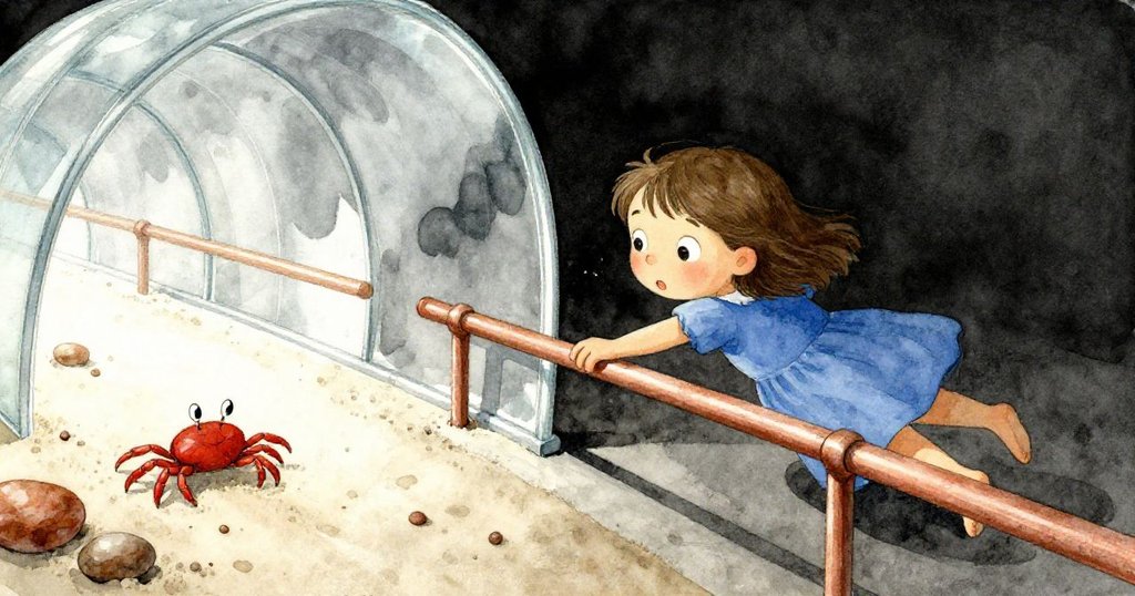 Holly手輕觸銅欄，眼望拱形玻璃下的奇異幾何，沙蟹快速穿梭於銹石間，她充滿驚奇與投入。