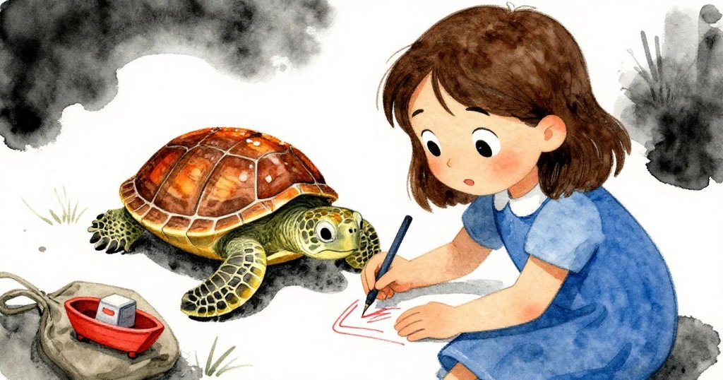 Holly聚精會神在欄杆邊素描，紅墨線條勾勒出烏龜堅韌的殼，旁邊放著印有玩具船的鮮豔小包，她神情專注。