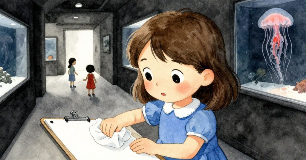 Holly在寧靜走廊細心擦拭素描頁邊的墨跡，臉上流露完成後的溫柔滿足，遠處孩童步聲逐漸消退。