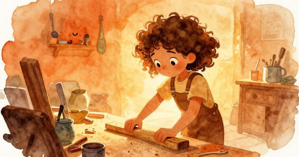 Flora 在溫暖木工坊裡用力刮拭木板，燈光燦爛映出她的英姿，故事序幕令人期待。