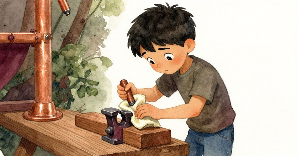 Silas 在工作台前專注將砂布夾入木塊與鉗子間，質感對比鮮明，展現故事發展。