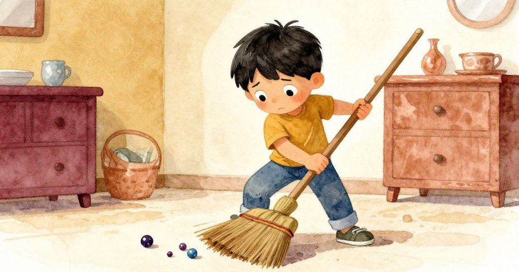 Silas 表情專注以腳擋住滾動珠子，同時穩定傾斜掃把，內心掙扎與決心在光影中展現。