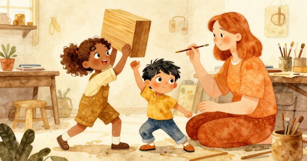 Flora與Silas合作抬起木塊，Lily以畫筆細緻修飾，溫暖家庭工作坊中展現團隊協作與圓滿結局。