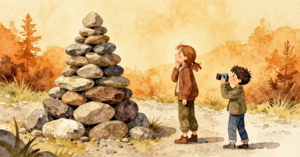 Elsa在暖金夕陽下凝視層疊石堆，遠處York持相機記錄大自然風光，展現平靜與期待。