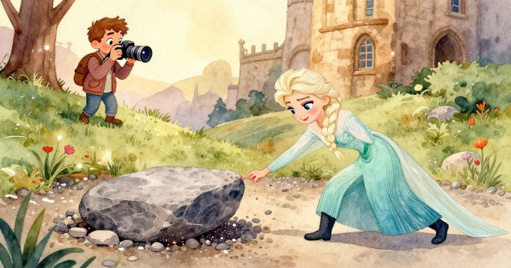 Elsa雙手細心挑選灰色石塊，輕撫碎石邊緣，光線柔和中展現專注與堅定。