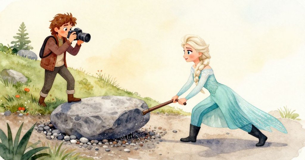 Elsa從第一人稱視角看到逐層堆疊的石堆，她小心地放置石塊，周圍碎石與乾鼠尾草訴說自然故事。