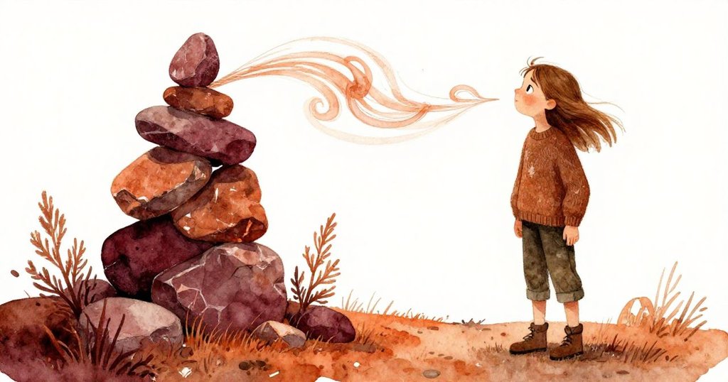 Elsa驚異地注視狂風吹動石堆形成超現實圖形，乾鼠尾草隨風搖曳，戲劇性光影映出神秘氛圍。