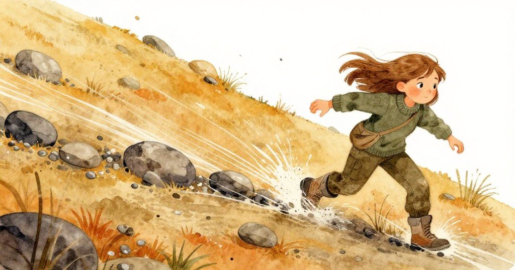 Elsa緊蹬靴子抵擋滾落石塊，石塊飛逝留下動態軌跡，展現大自然急速律動與決心。