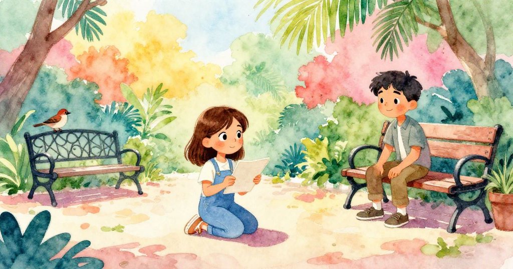 Dina跪在庭院的石面上專心作畫，手持素描本；Fraser坐在旁邊長凳，旁有小麻雀陪伴，陽光明媚，環境寧靜。