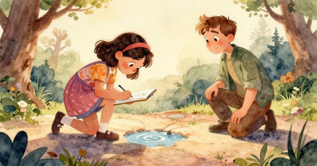 從Dina視角看素描本，手輕觸紙面捕捉水面分支紋理，陽光與反光交錯，細節生動，呈現創作堅持。