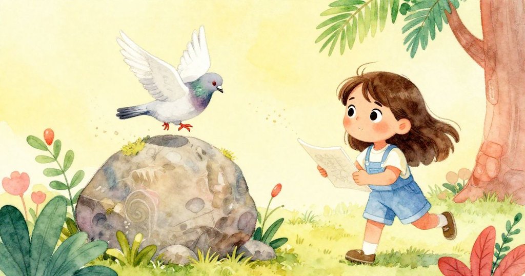 Dina在雕飾石旁調整紙本，突然鴿子降落引起塵埃飛揚，過渡場景流露出意外驚喜與動感。