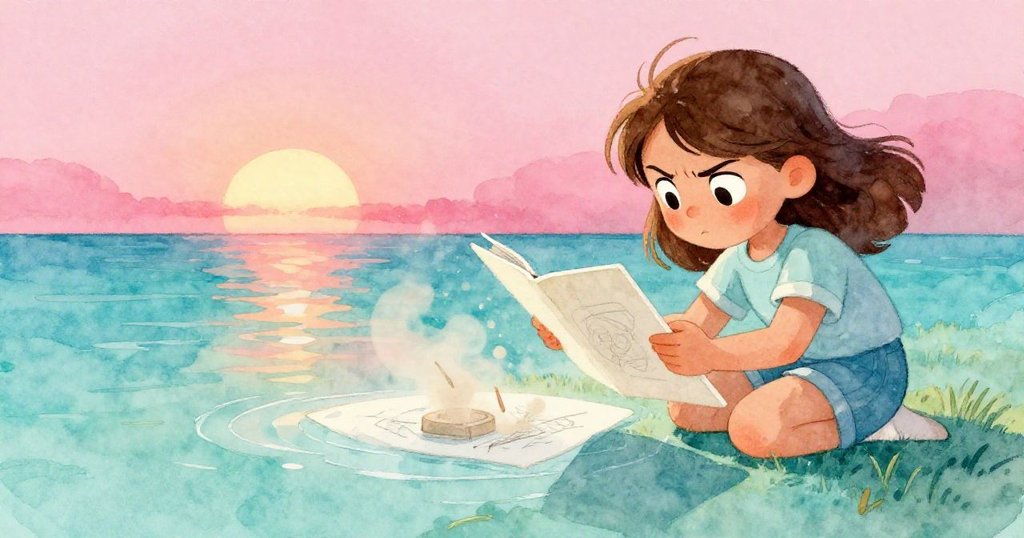 Dina發現塵埃改變水面反光，她仍堅持作畫，細膩線條和新圖案顯現，充滿驚訝與堅定。