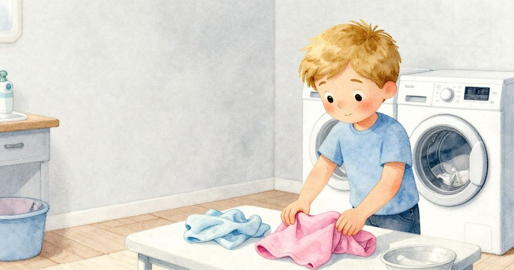 Drake在寬敞洗衣房內整理衣物，獨自操作洗衣機旁桌上堆放衣物，環境空曠清新，神情專注。