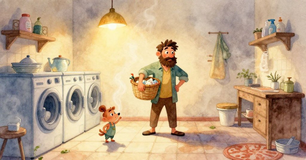 從低視角看到Drake手伸向洗衣桌上檸檬色清潔劑瓶與舊螺絲起子，細節豐富，展現勞作溫暖與細膩情感。