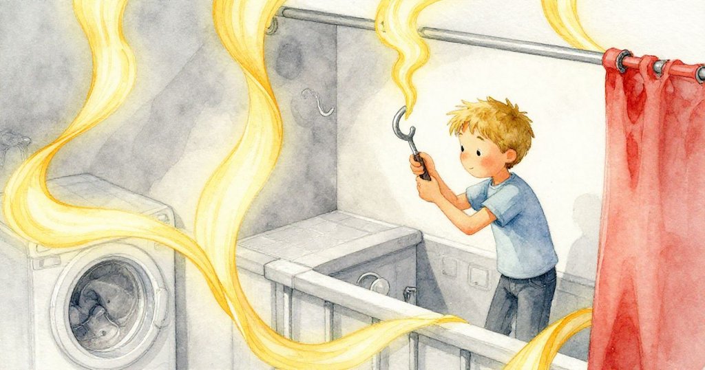 Drake在奇幻洗衣房內用螺絲起子修理陽台掛鉤，蒸氣宛如緞帶盤旋，空間幾何變形，充滿神秘與動態美。