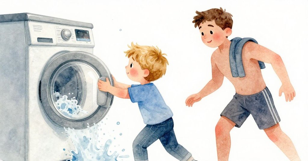 Silas猛然關閉洗衣機門，水花四濺，Drake迅速伸手反應，兩人動作鮮明，場景充滿都市動能與友善互動。