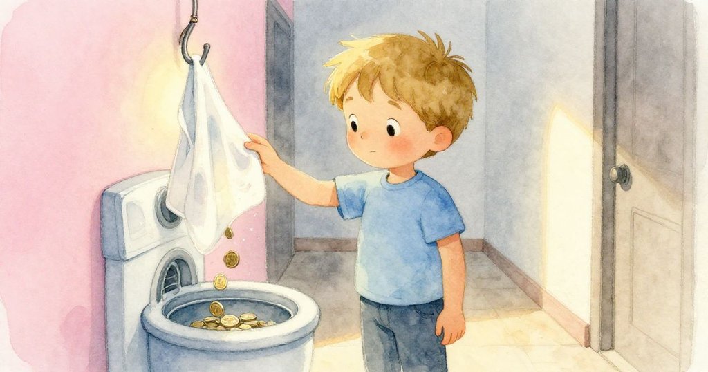 Drake在清涼走廊中靜坐休息，觀察濕衣隨掛鉤輕輕晃動，陽光透窗投下柔和光影，心情放鬆平和。