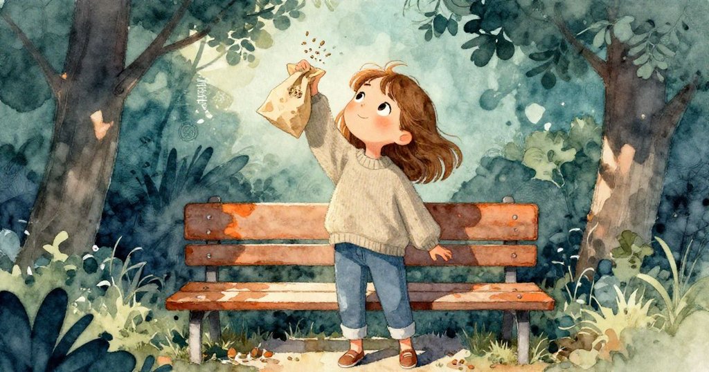 Hazel從溫暖長凳起身，舉起一個裝有乾種子的紙袋，面帶期待，背景中現有部分陰影和明亮日光交錯的場景。