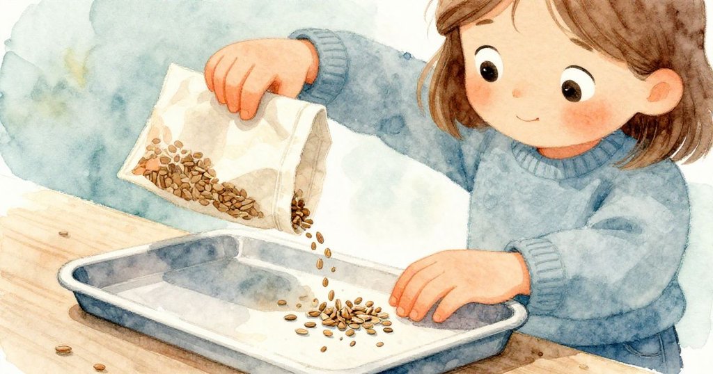 Hazel的小手輕輕倒出薄弧狀種子，紙袋旁邊露出碎裂種子殼，細膩展示動作與物品紋理，充滿細節與溫暖光影。