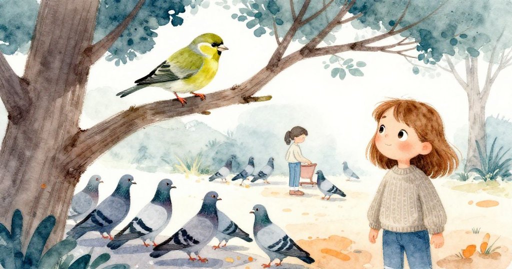 從隱蔽視角看見綠色小鳥棲於低枝上，注視下方鬧哄哄的鴿群與忙碌的Hazel，場景充滿自然層次與對比光影。