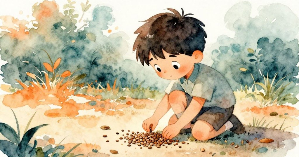 Felix蹲在戶外散落種子區，專注攤開新堆種子，手法細膩，背景呈現落葉與晨光交織的質感場景。