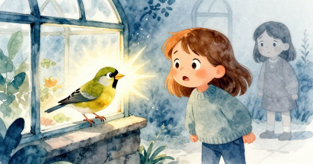 玻璃溫室反射突如其來的亮光，讓綠色小鳥受驚振翅，而Hazel臉上流露出關切與驚訝，畫面光影強烈動感十足。