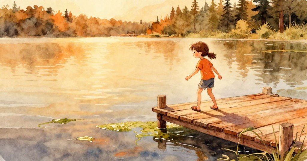 Petra在陽光照耀的碼頭上移動，木板彎曲，藻類與松脂在空中飄散，她臉上流露出專注的神情。