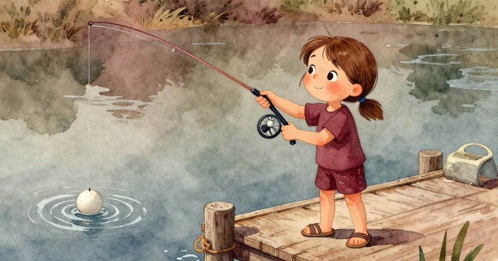 Petra揮桿拋線，浮標輕輕落在雜草旁，碼頭上細微的水紋在午後暖陽下顯現，一切充滿動感。