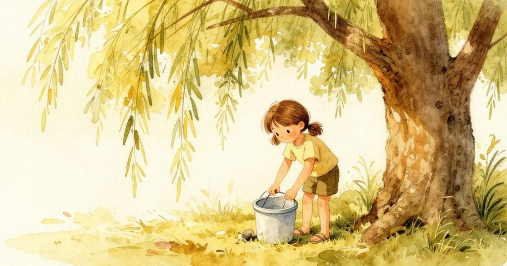 Petra將誘餌盒搬向柳樹下的涼陰，粗糙樹皮撫觸她的手指，她臉上流露出因涼意而重燃希望的表情。