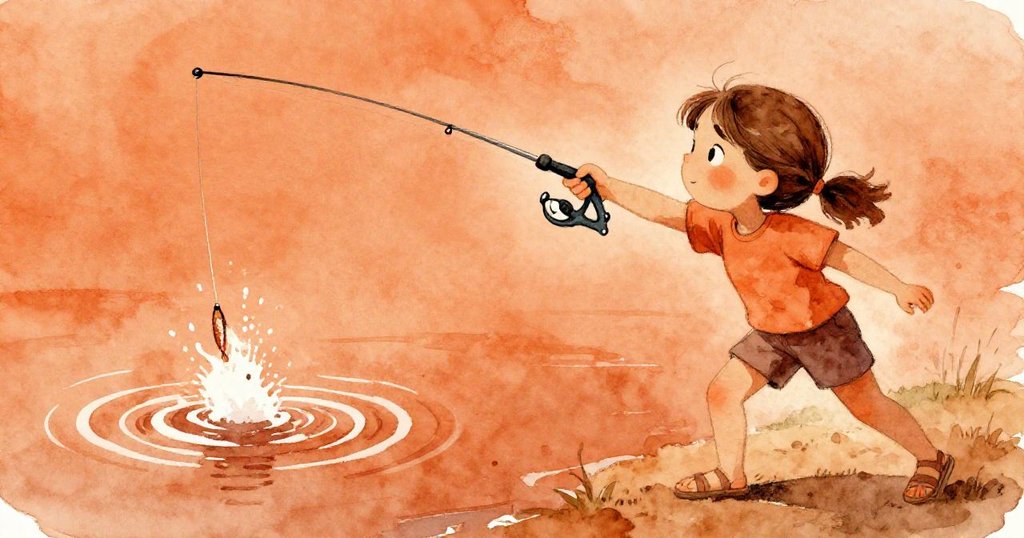 Petra再次出手拋線，軟化的誘餌落入陰影中發出輕微啪聲，水面泛起漣漪，她神情堅定。