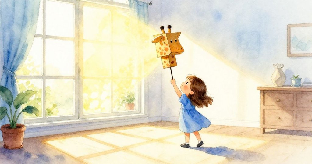 格莉爾在陽光灑落的大窗前舉起手柄，操作紙板長頸獸，臉上充滿期待與奇妙感。