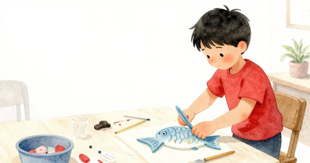 伊恩在充滿創意的道具桌上認真剪裁泡沫魚尾，背景空白襯托出他專注與細緻的工序。