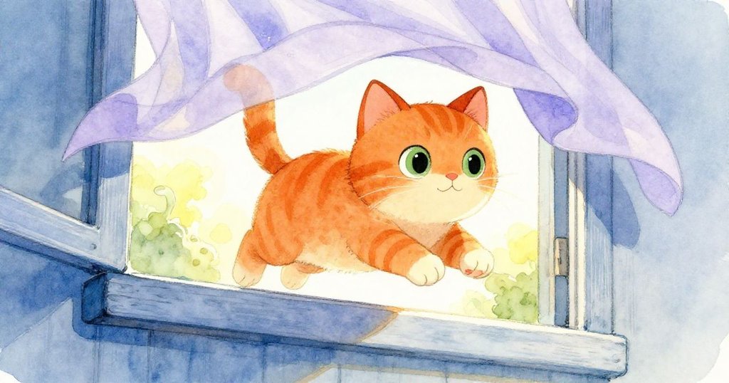 橘貓在溫暖窗台上突然跳躍，因窗簾輕顫而驚醒，眼神充滿驚訝與動感。